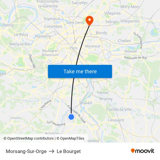 Morsang-Sur-Orge to Le Bourget map