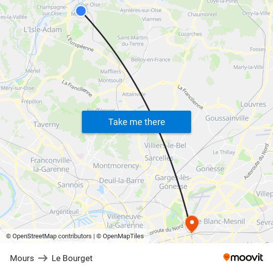 Mours to Le Bourget map