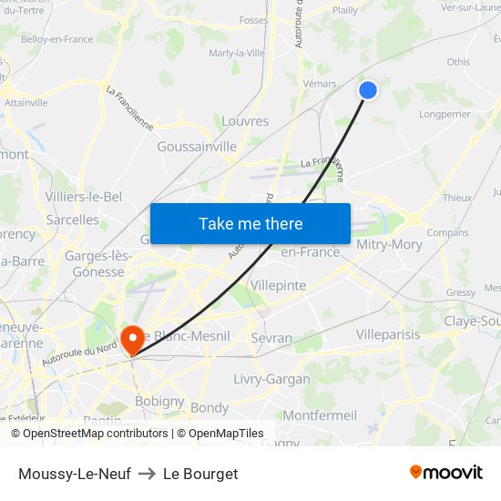 Moussy-Le-Neuf to Le Bourget map