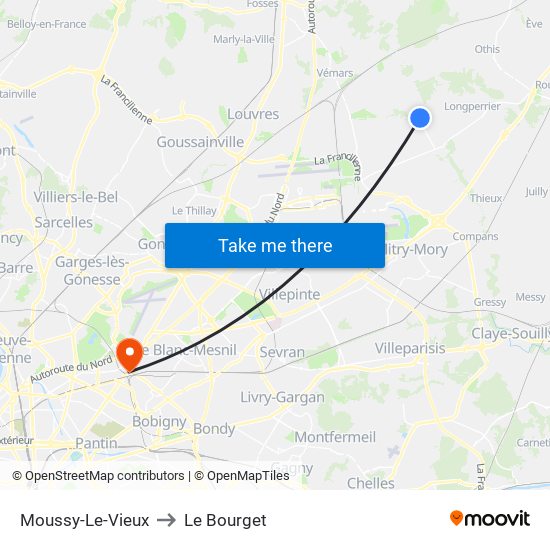 Moussy-Le-Vieux to Le Bourget map