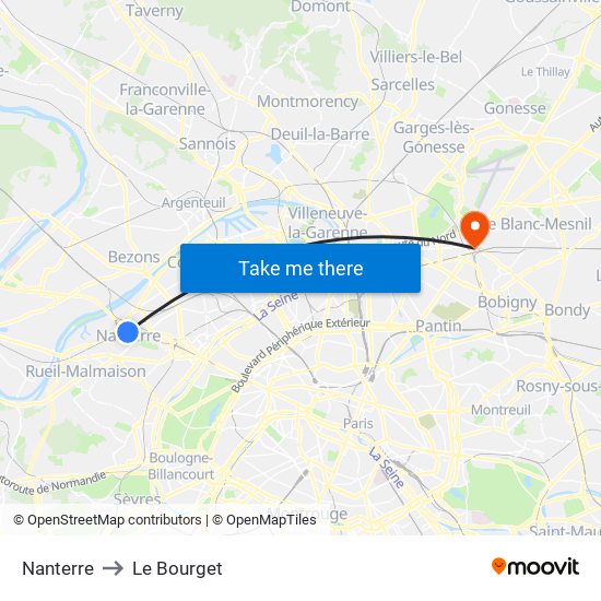 Nanterre to Le Bourget map