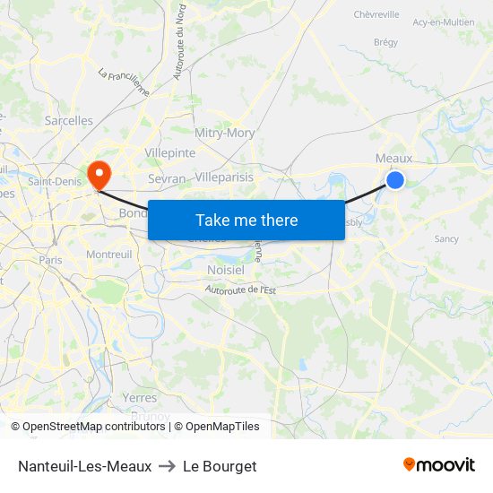Nanteuil-Les-Meaux to Le Bourget map