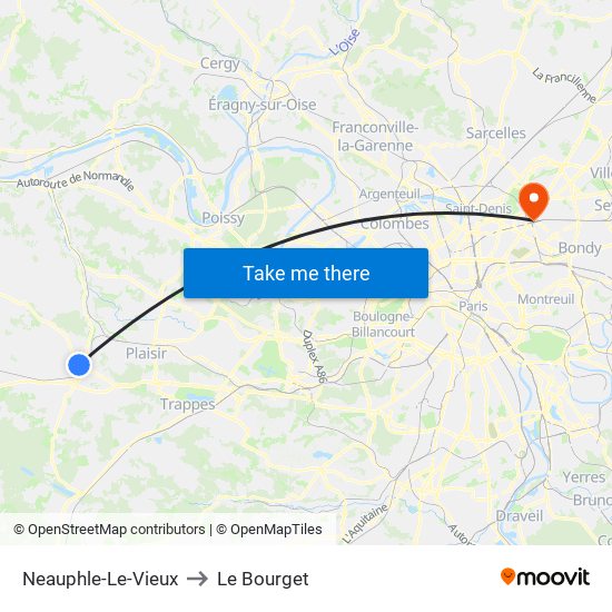 Neauphle-Le-Vieux to Le Bourget map