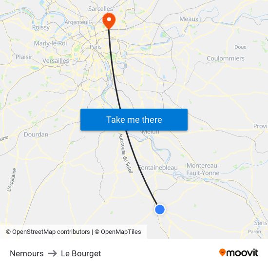 Nemours to Le Bourget map