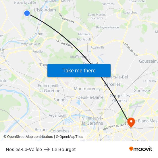 Nesles-La-Vallee to Le Bourget map