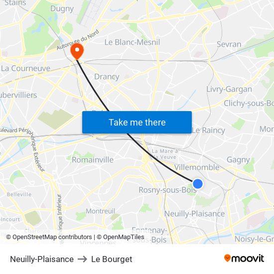 Neuilly-Plaisance to Le Bourget map