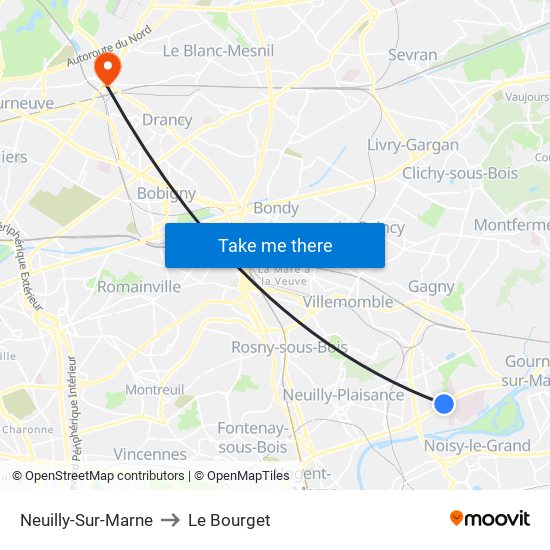 Neuilly-Sur-Marne to Le Bourget map