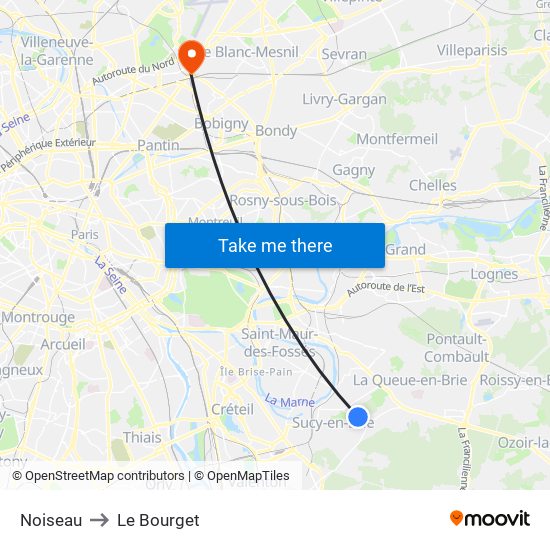 Noiseau to Le Bourget map