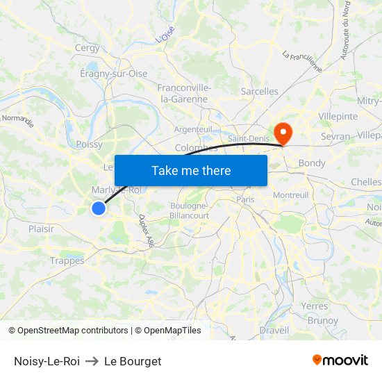Noisy-Le-Roi to Le Bourget map