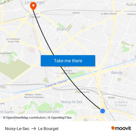 Noisy-Le-Sec to Le Bourget map