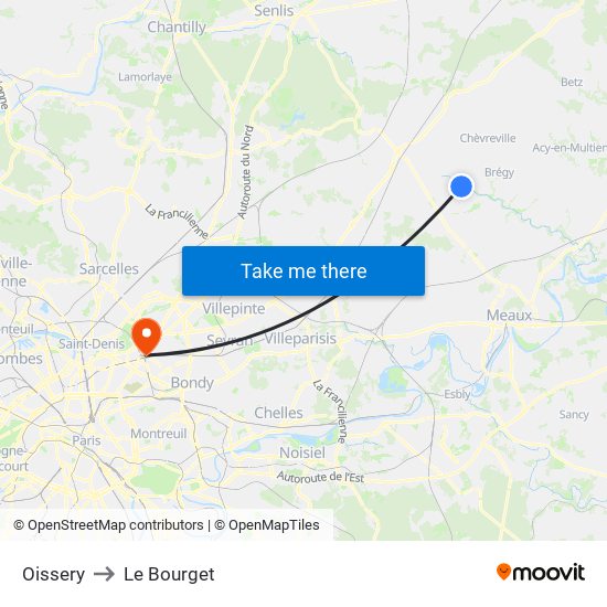 Oissery to Le Bourget map