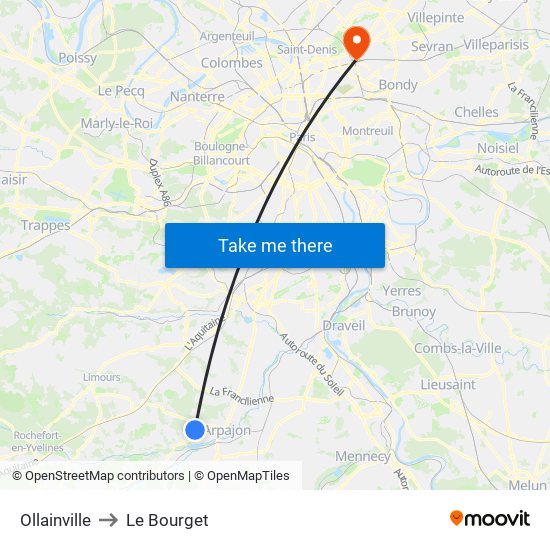 Ollainville to Le Bourget map
