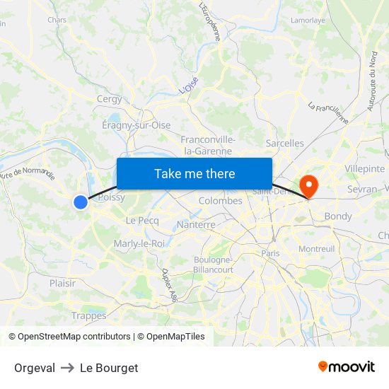 Orgeval to Le Bourget map