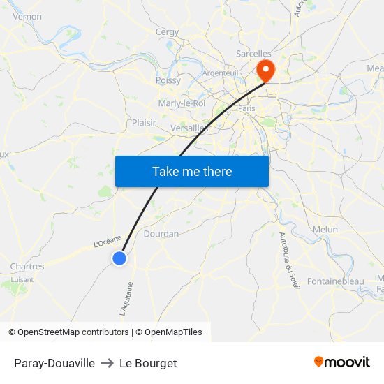 Paray-Douaville to Le Bourget map