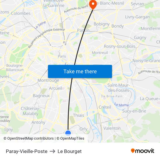 Paray-Vieille-Poste to Le Bourget map
