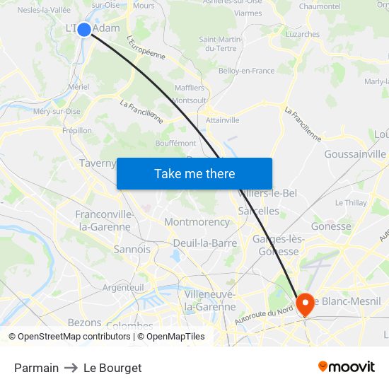 Parmain to Le Bourget map