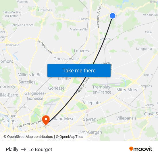 Plailly to Le Bourget map