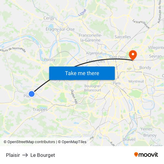 Plaisir to Le Bourget map
