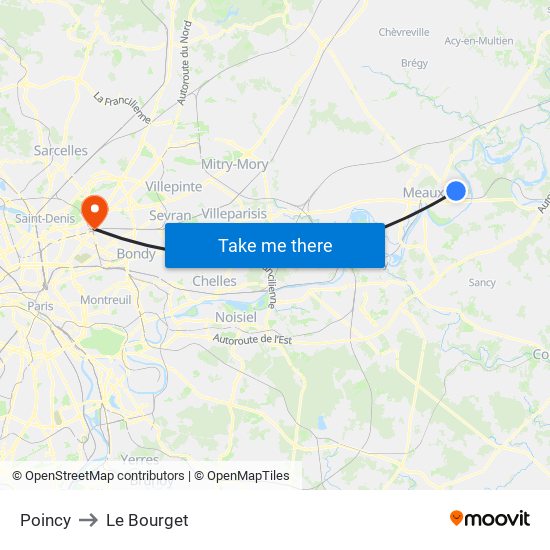 Poincy to Le Bourget map