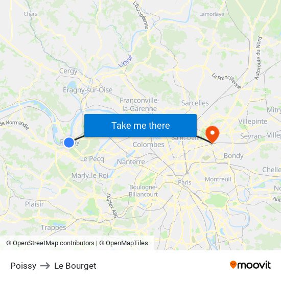 Poissy to Le Bourget map