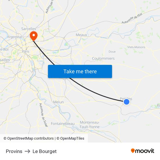 Provins to Le Bourget map