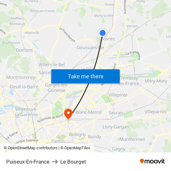 Puiseux-En-France to Le Bourget map