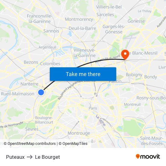 Puteaux to Le Bourget map