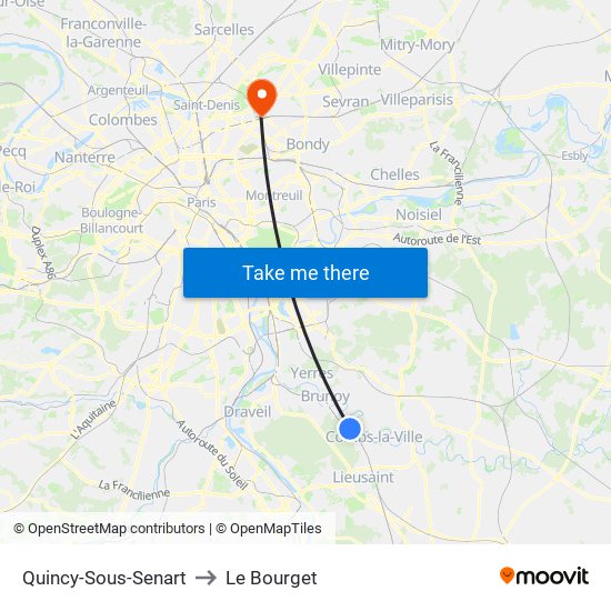 Quincy-Sous-Senart to Le Bourget map