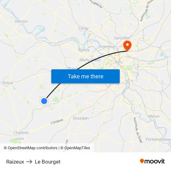 Raizeux to Le Bourget map