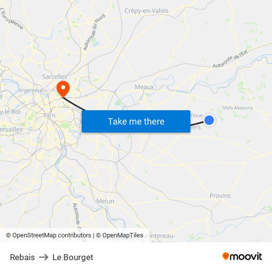 Rebais to Le Bourget map