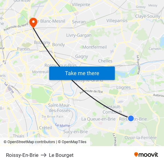Roissy-En-Brie to Le Bourget map