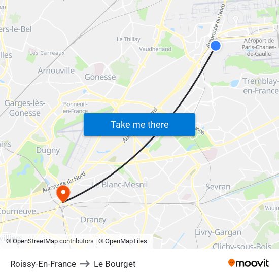 Roissy-En-France to Le Bourget map