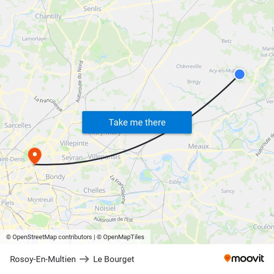 Rosoy-En-Multien to Le Bourget map