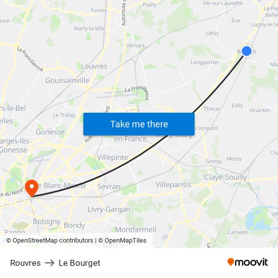 Rouvres to Le Bourget map