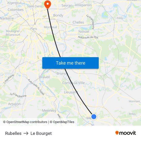 Rubelles to Le Bourget map