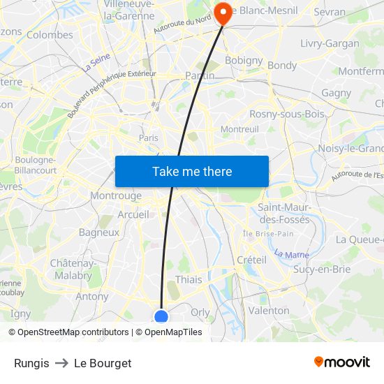 Rungis to Le Bourget map