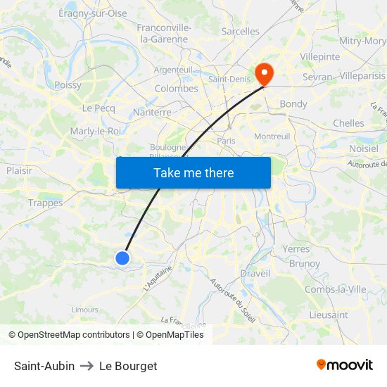 Saint-Aubin to Le Bourget map