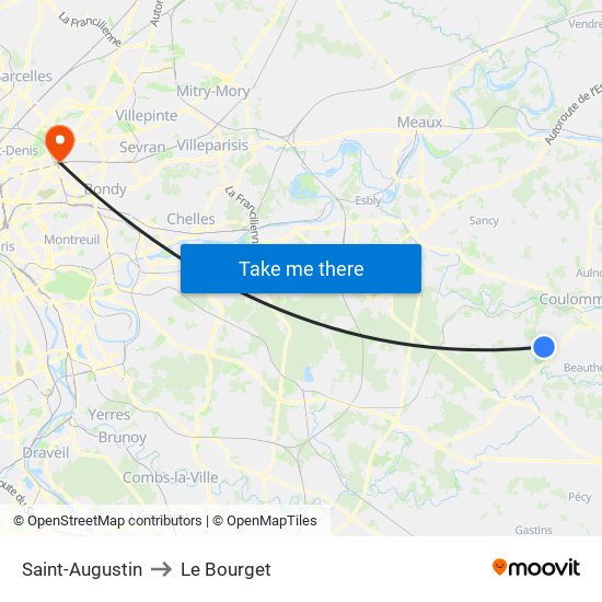 Saint-Augustin to Le Bourget map