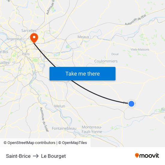 Saint-Brice to Le Bourget map