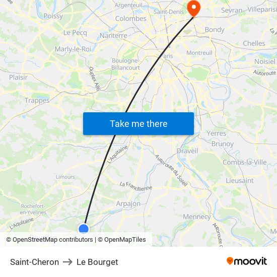 Saint-Cheron to Le Bourget map