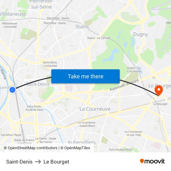 Saint-Denis to Le Bourget map