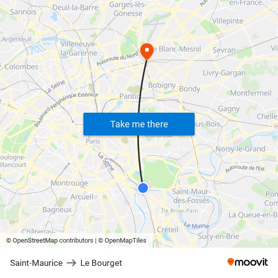 Saint-Maurice to Le Bourget map