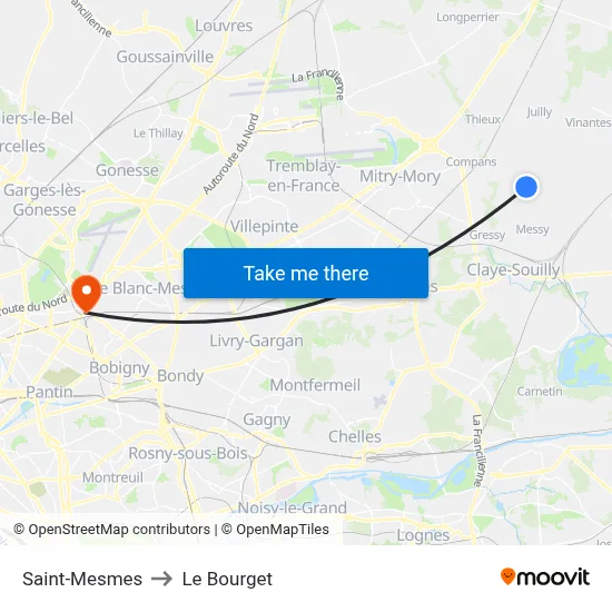 Saint-Mesmes to Le Bourget map