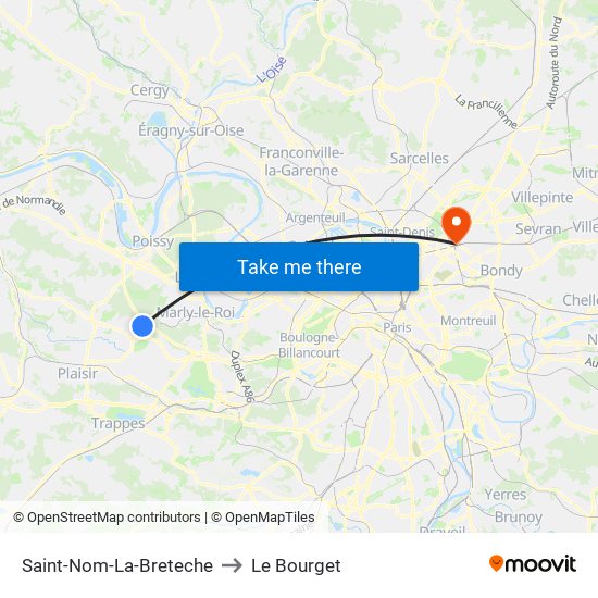 Saint-Nom-La-Breteche to Le Bourget map