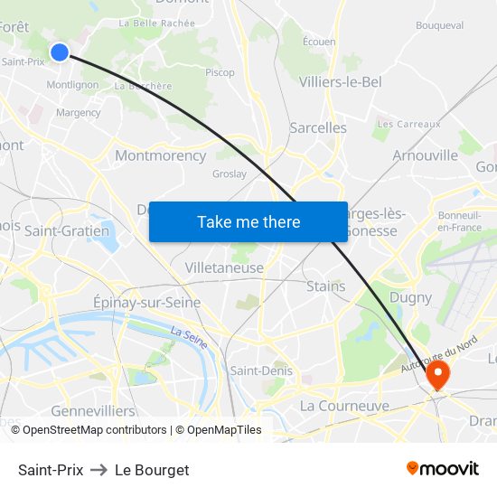 Saint-Prix to Le Bourget map