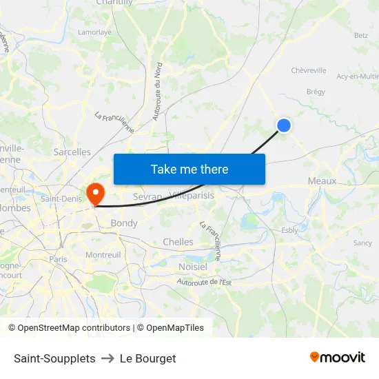 Saint-Soupplets to Le Bourget map