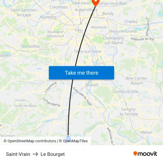 Saint-Vrain to Le Bourget map