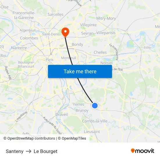 Santeny to Le Bourget map