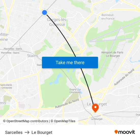 Sarcelles to Le Bourget map