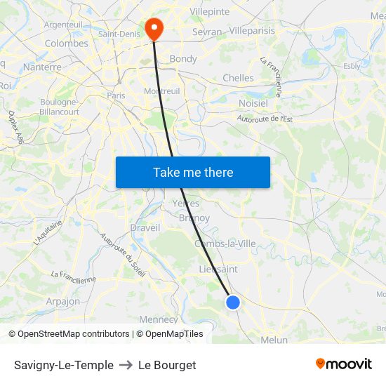 Savigny-Le-Temple to Le Bourget map